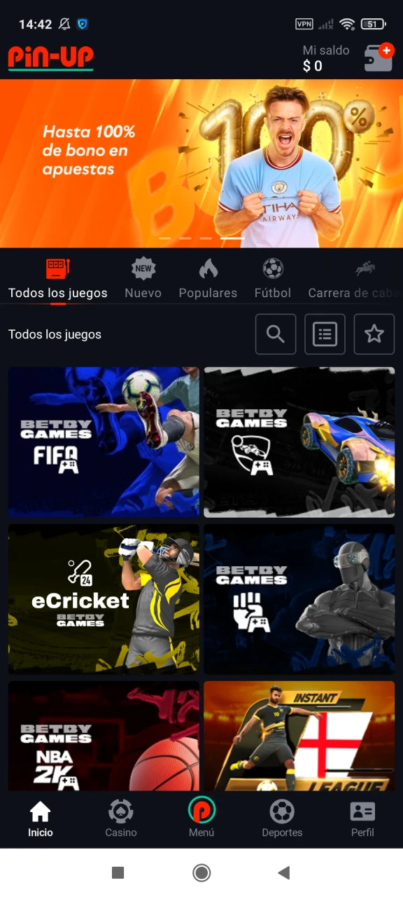 Abre la sección de deportes virtuales en Pin Up.