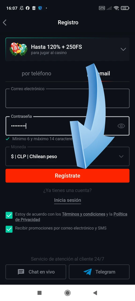 Completa tu registro en Pin Up y realiza tu primer depósito.