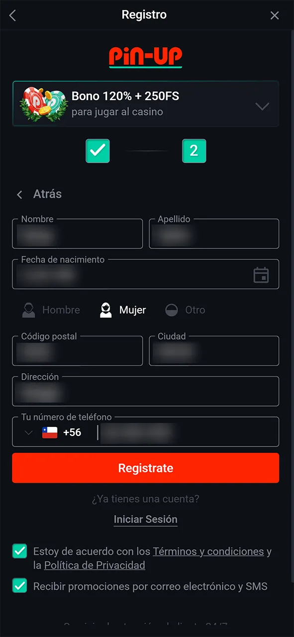 Realice el proceso de registro en Pin-Up.