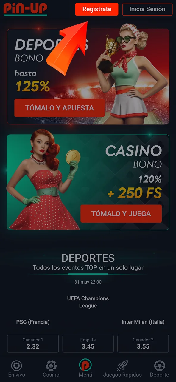 Inscríbete en el sitio web de Pin-Up.