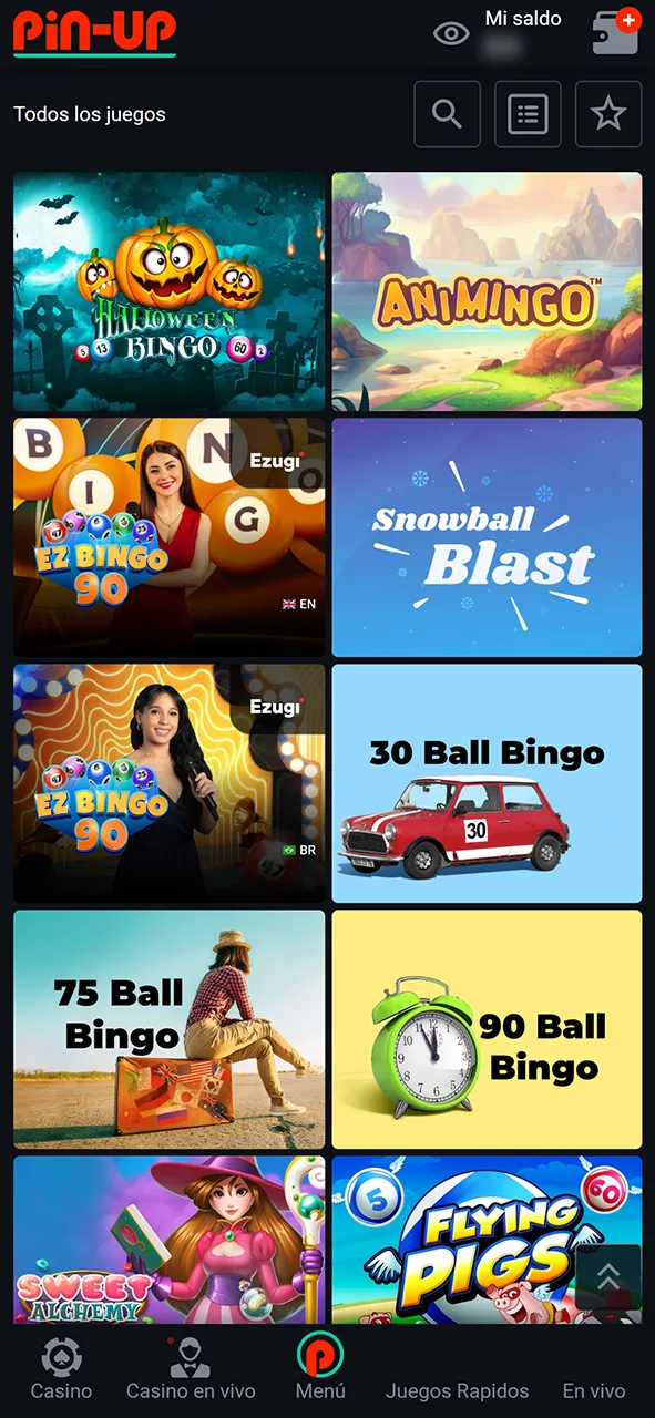Explora la sección de bingo en Pin-Up.