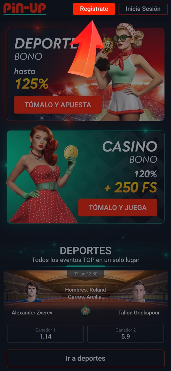 Utiliza el botón de registro en Pin-Up.
