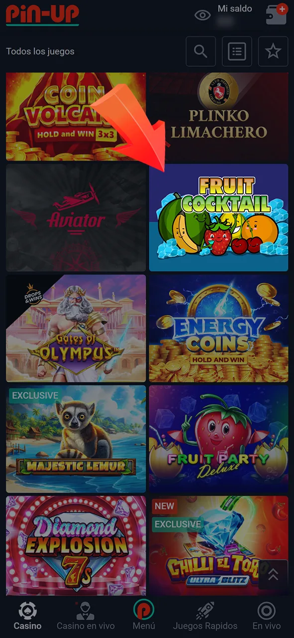 Encuentra el juego Fruit Cocktail en la sección de casino de Pin-Up.