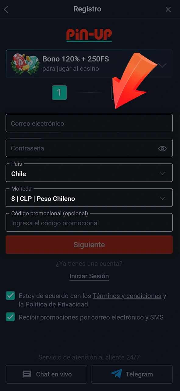 Rellene el formulario de registro de Pin-Up.
