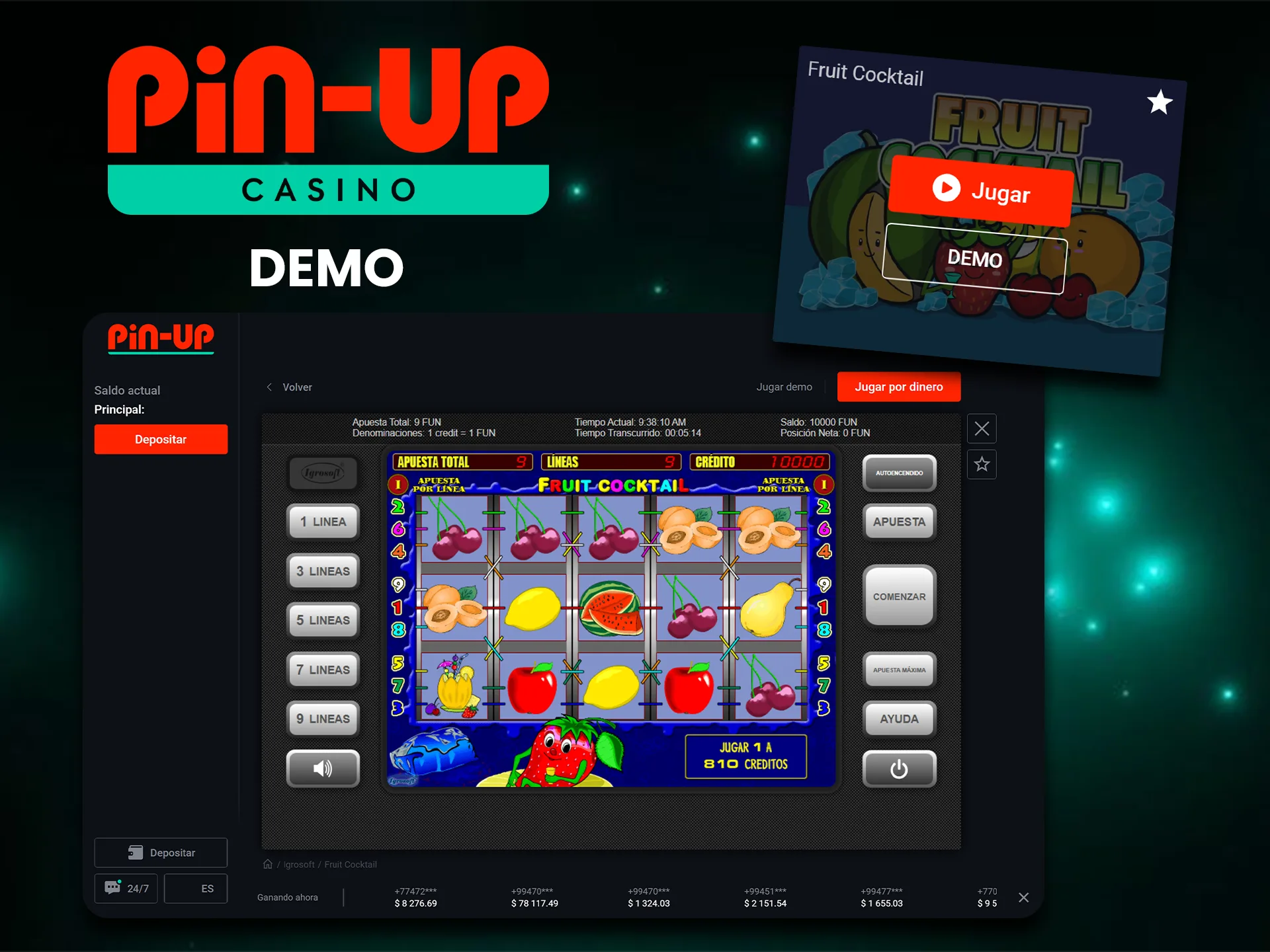 El modo demo te permite familiarizarte con el juego Fruit Cocktail en Pin-Up.