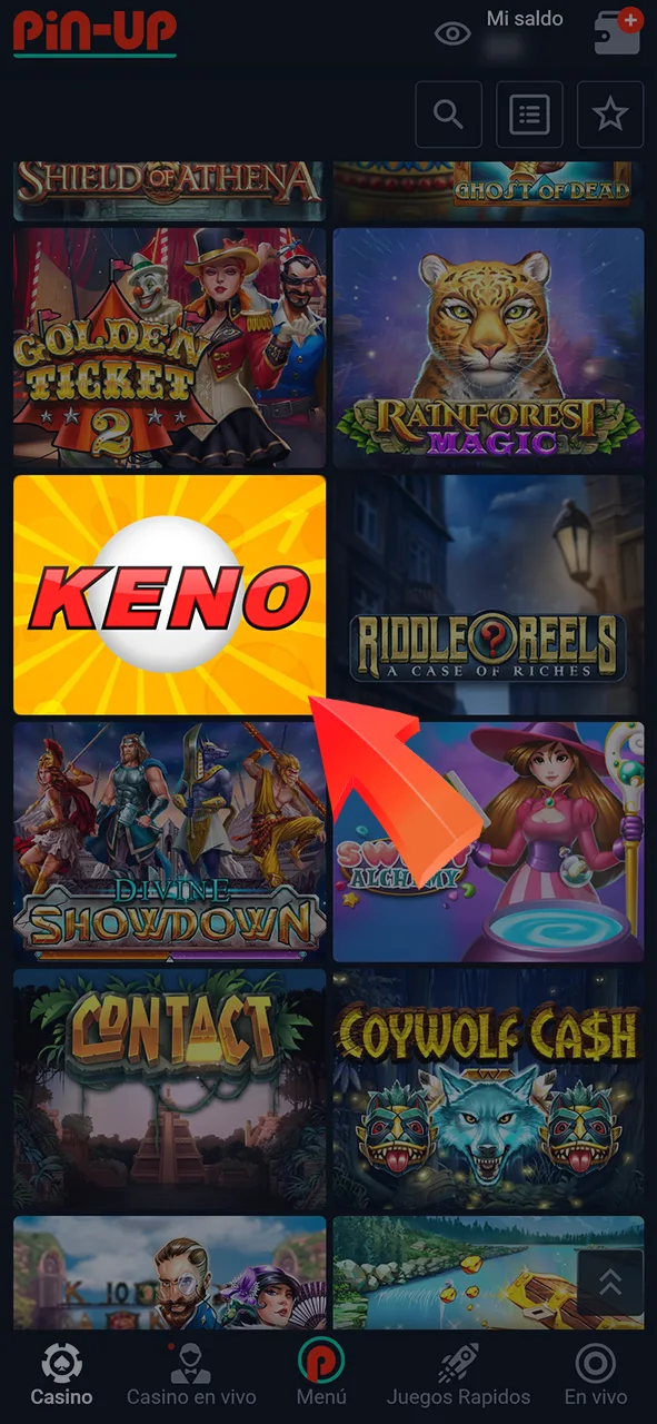 Ve a la sección del casino Pin-Up y busca el juego Keno.
