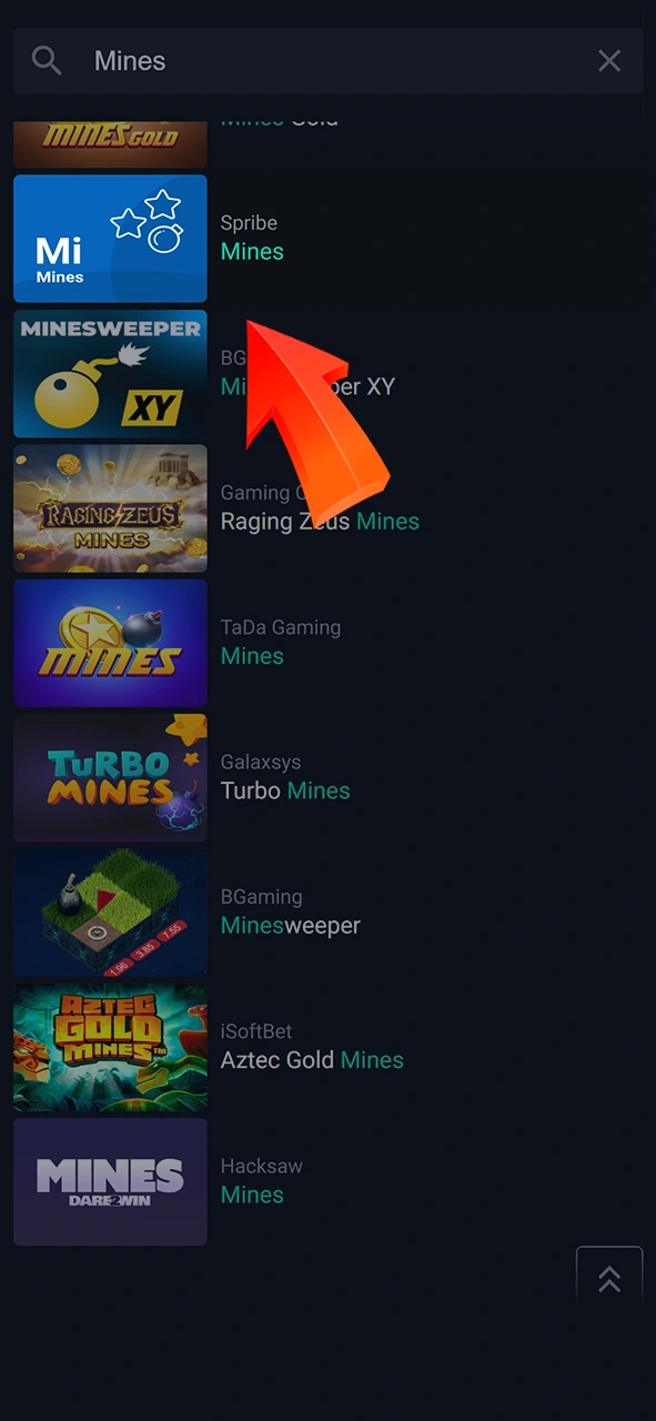 Introduce el nombre del juego Mines en la barra de búsqueda de Pin-Up.