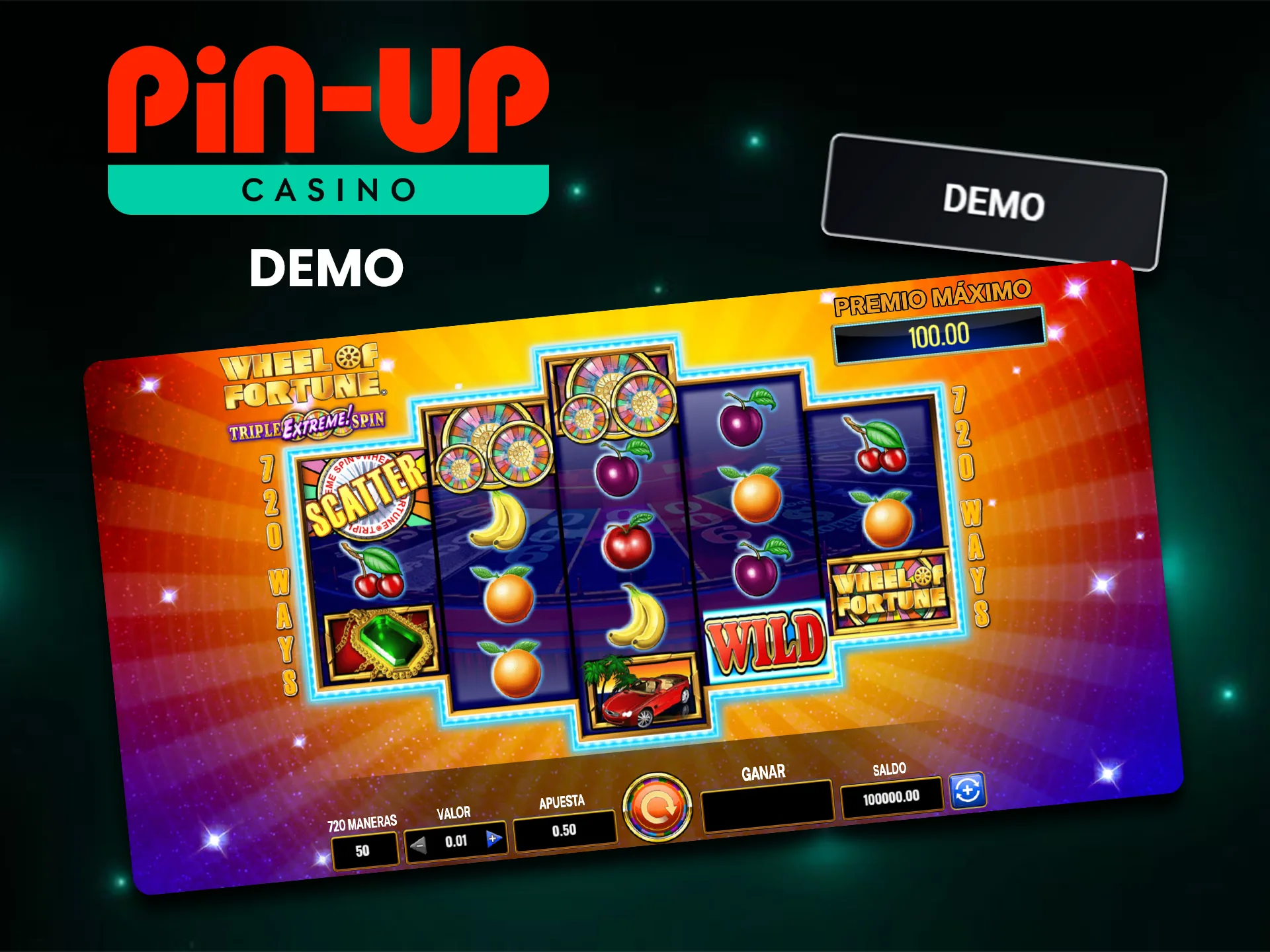 Ponga a prueba sus habilidades en el modo demo del juego Wheel of Fortune en Pin-Up.
