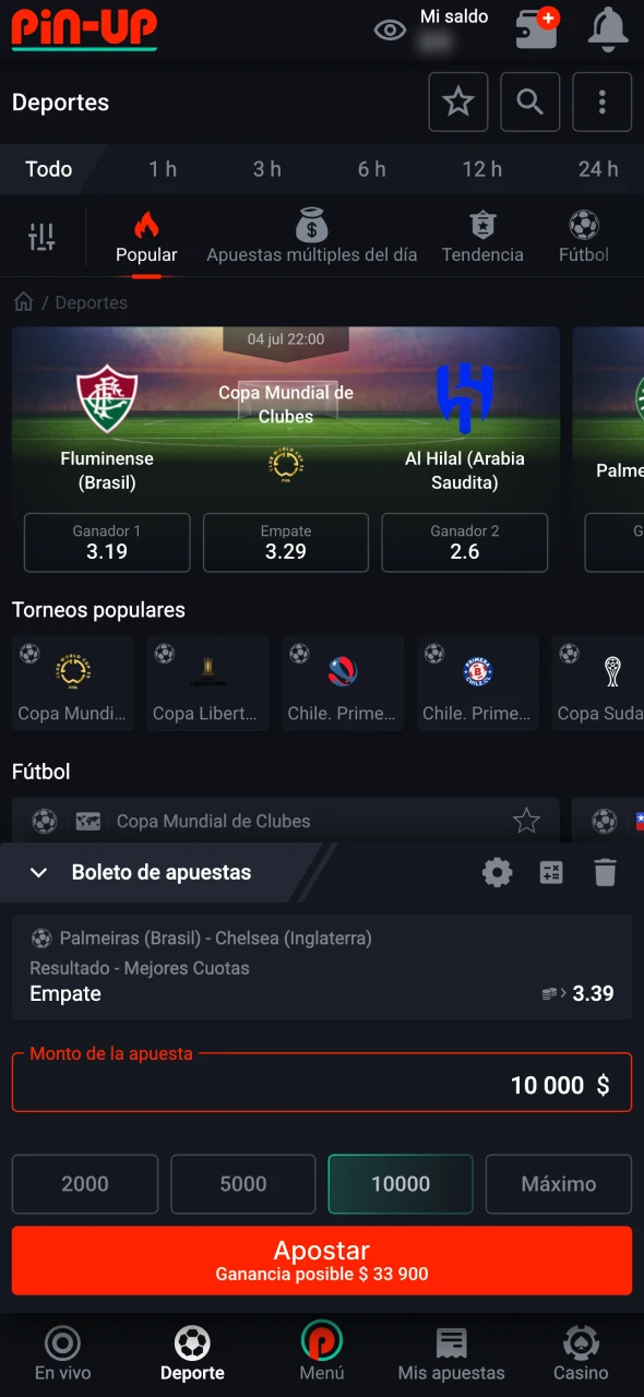 Introduzca el importe y confirme su apuesta en Pin-Up.