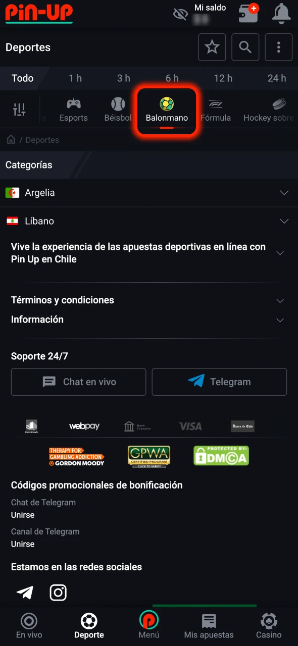 Ve a la sección de deportes Pin-Up y selecciona Balonmano.