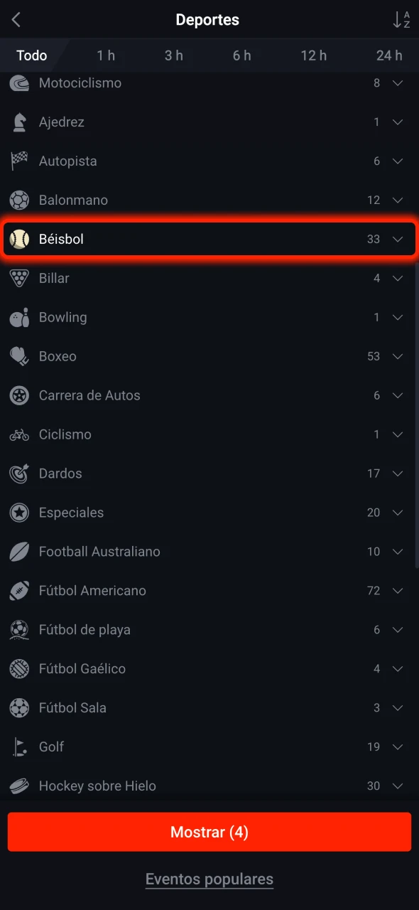 Busca la sección de béisbol en el sitio web de Pin-Up.