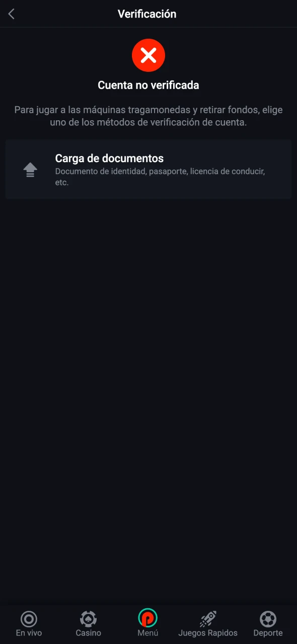 Cargue los documentos necesarios para su verificación en Pin-Up.