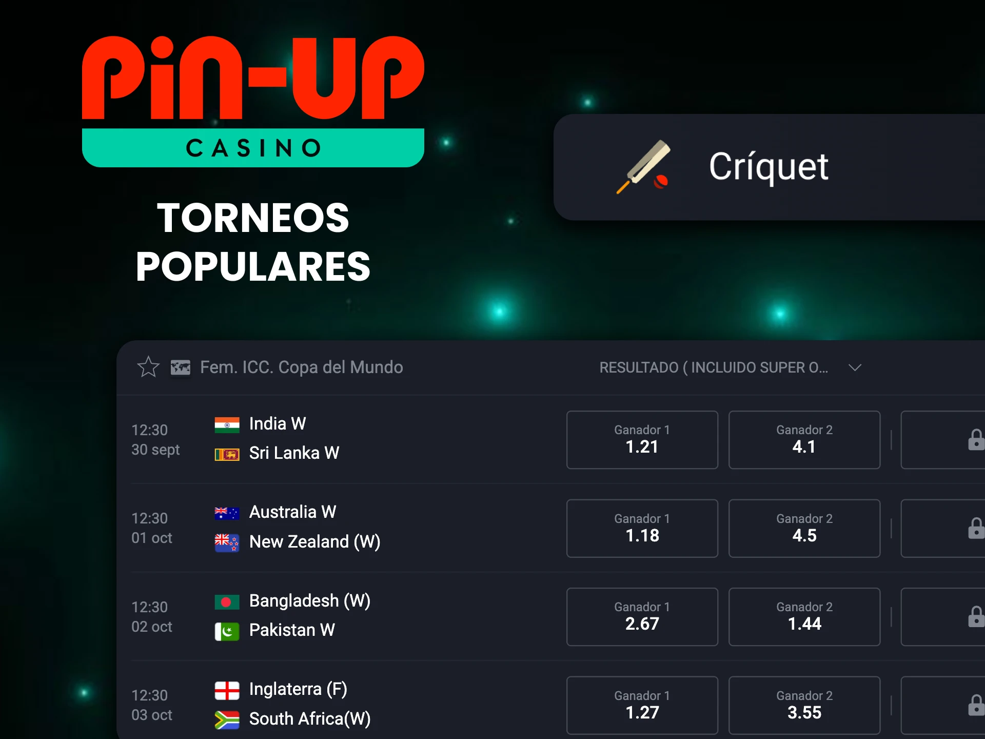Encuentra los torneos de críquet más populares en Pin-Up.