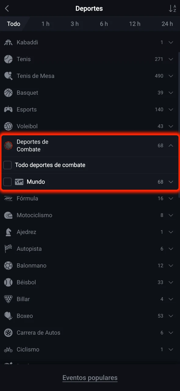 Selecciona la sección de deportes de combate en Pin-Up.