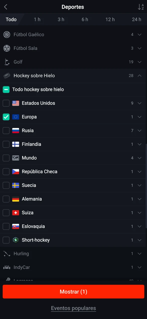 Ve a la sección de deportes y selecciona hockey en Pin-Up.
