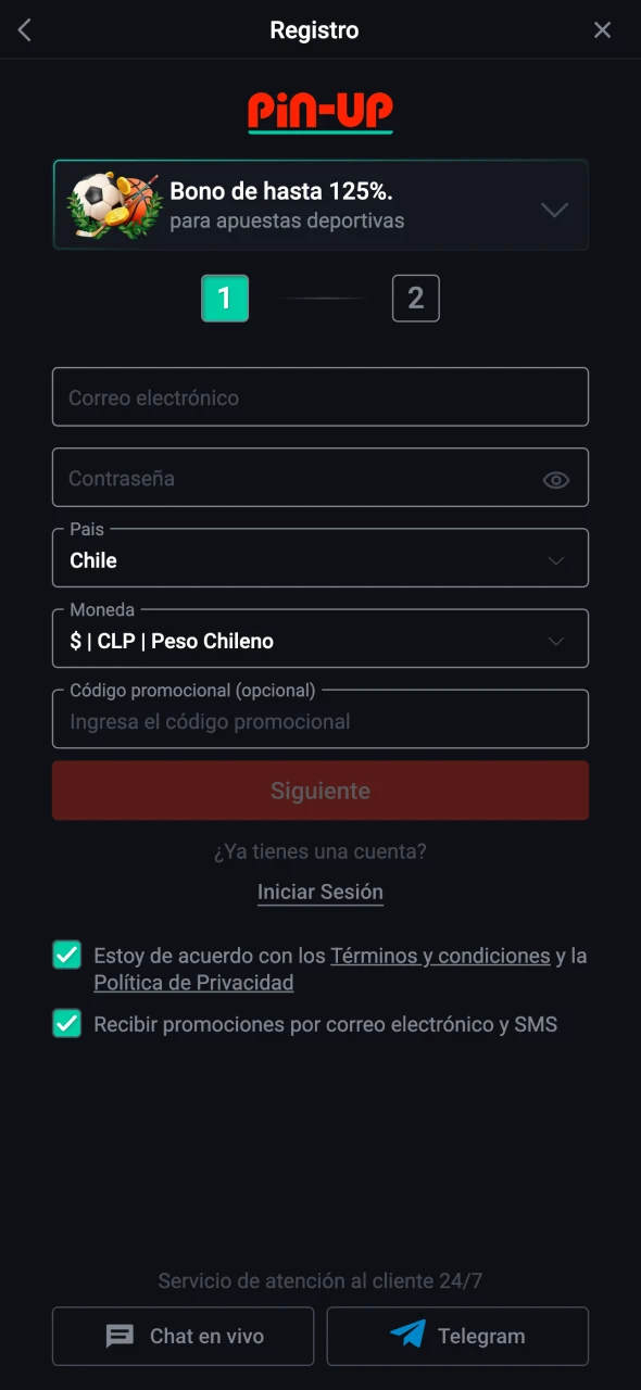 Haz clic en el botón para registrarte en Pin-up.