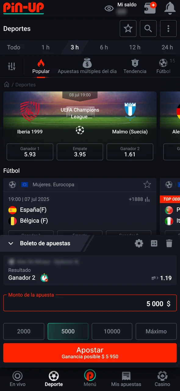 Confirma la apuesta en el cupón en Pin-Up.
