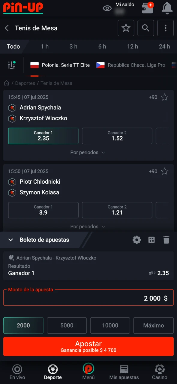 Comprueba los detalles en Pin-Up y confirma la apuesta.