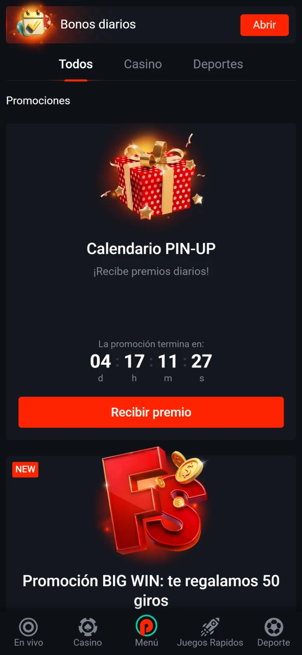 Elige tu bonificación en la aplicación Pin-Up.