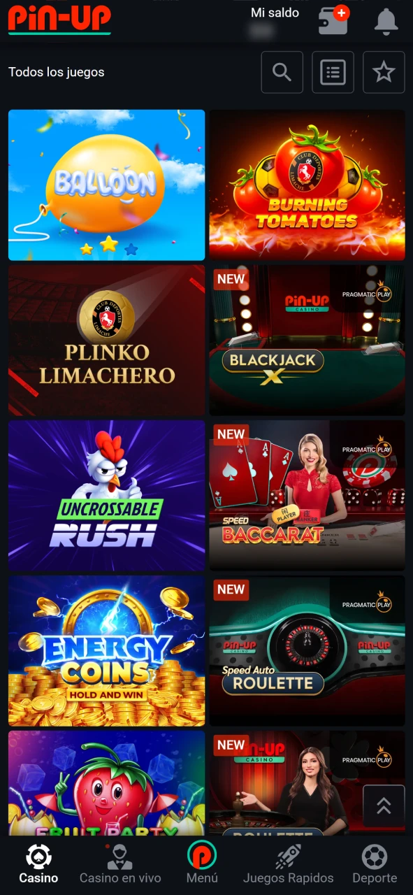 Juegos de casino disponibles en la aplicación Pin-Up.