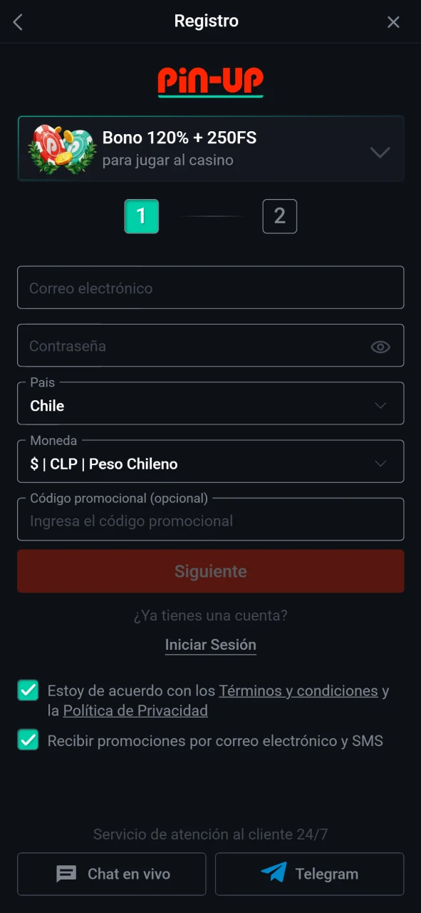 Formulario de registro en la aplicación Pin-Up.