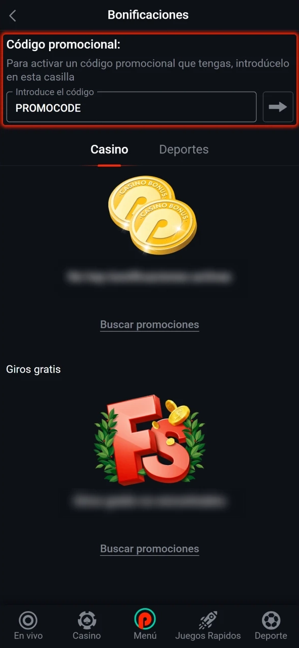Introduce el código promocional Pin-Up en el campo correspondiente para obtener el bono.