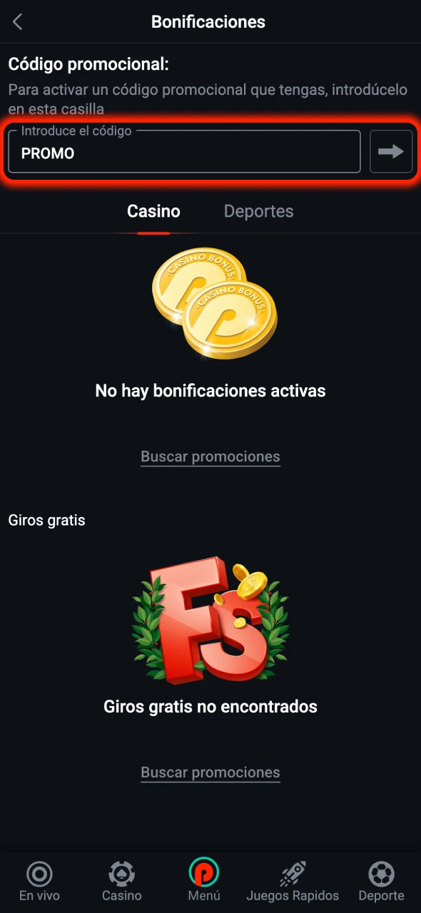 Ingresa el código en el formulario de Pin-Up.