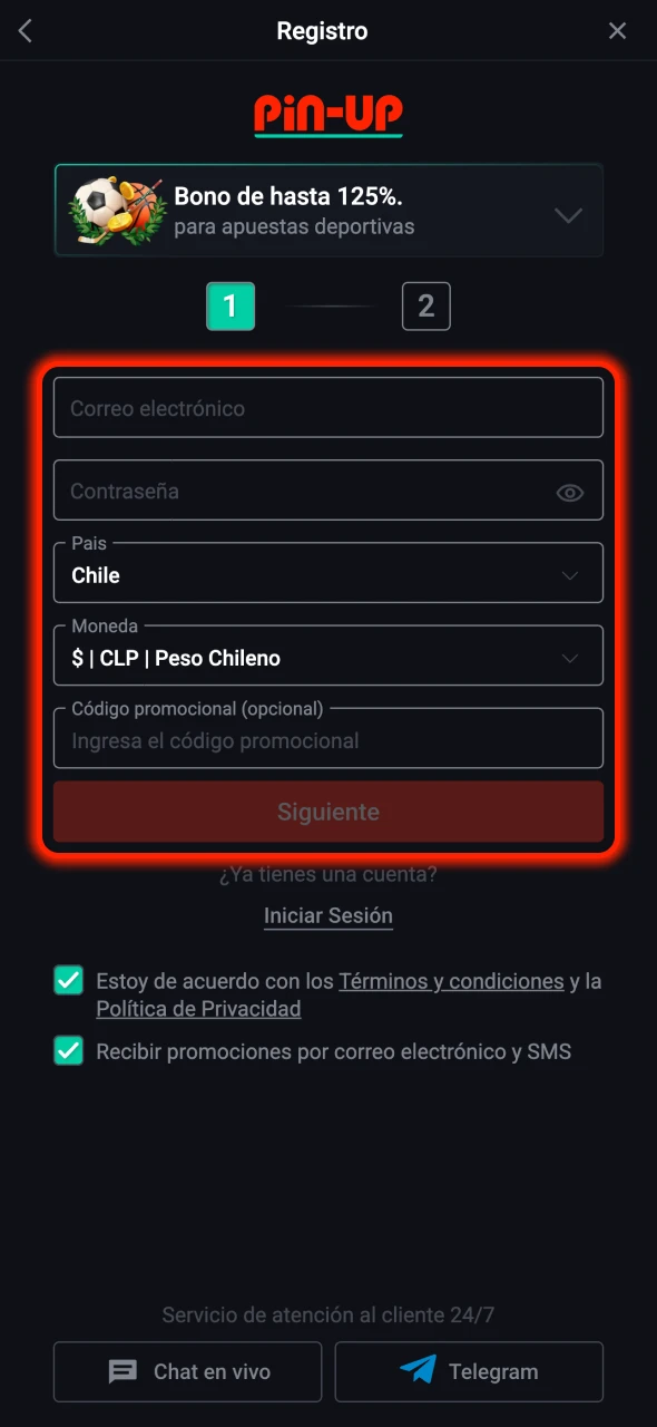 Cree una cuenta Pin-Up rellenando sus datos personales.