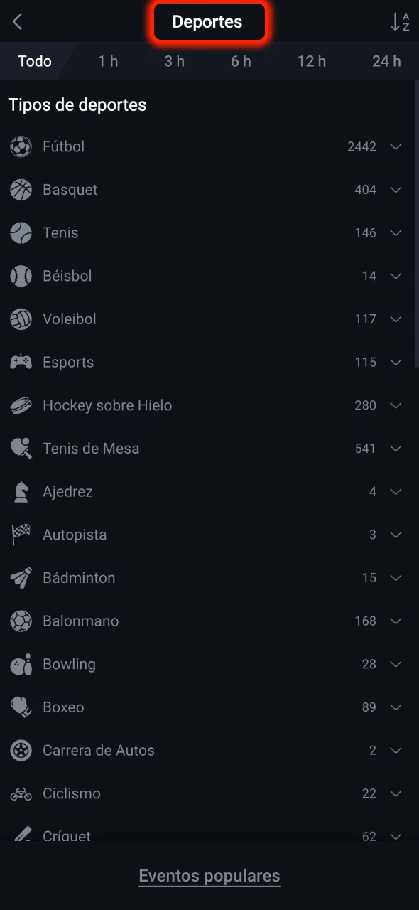 Abre la sección de deportes en la plataforma Pin-Up.
