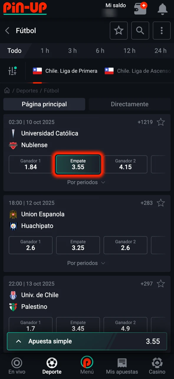 Elige el partido y el resultado en Pin-Up Sports.