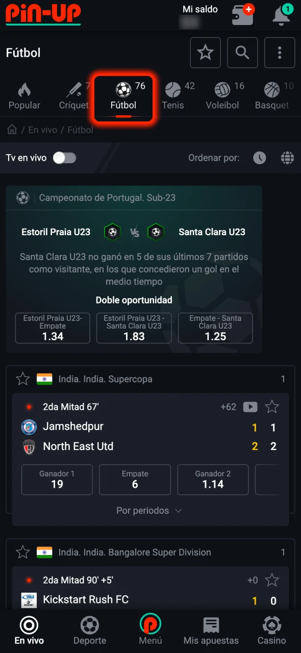 Selecciona la sección Deportes y elige fútbol en Pin-Up.