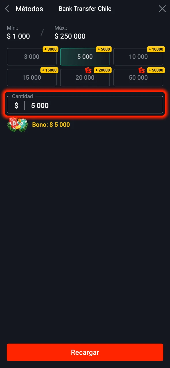 Introduce el importe de tu depósito en Pin-Up y confirma.