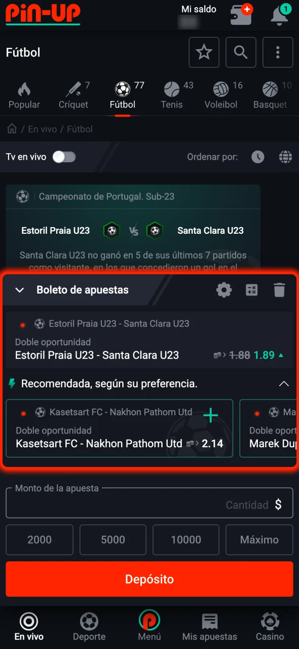 Añade las cuotas a tu boleto de apuestas Pin-Up.