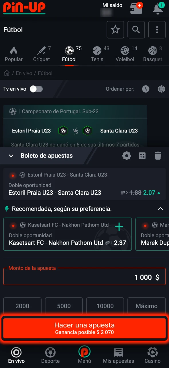 Confirma tu apuesta de fútbol y disfruta de tu experiencia Pin-Up.